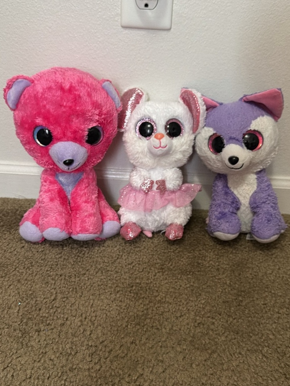 Lot of 3 Small Plush Stuffed Animals Glitter Eyes Pink Purple White Cute Toys